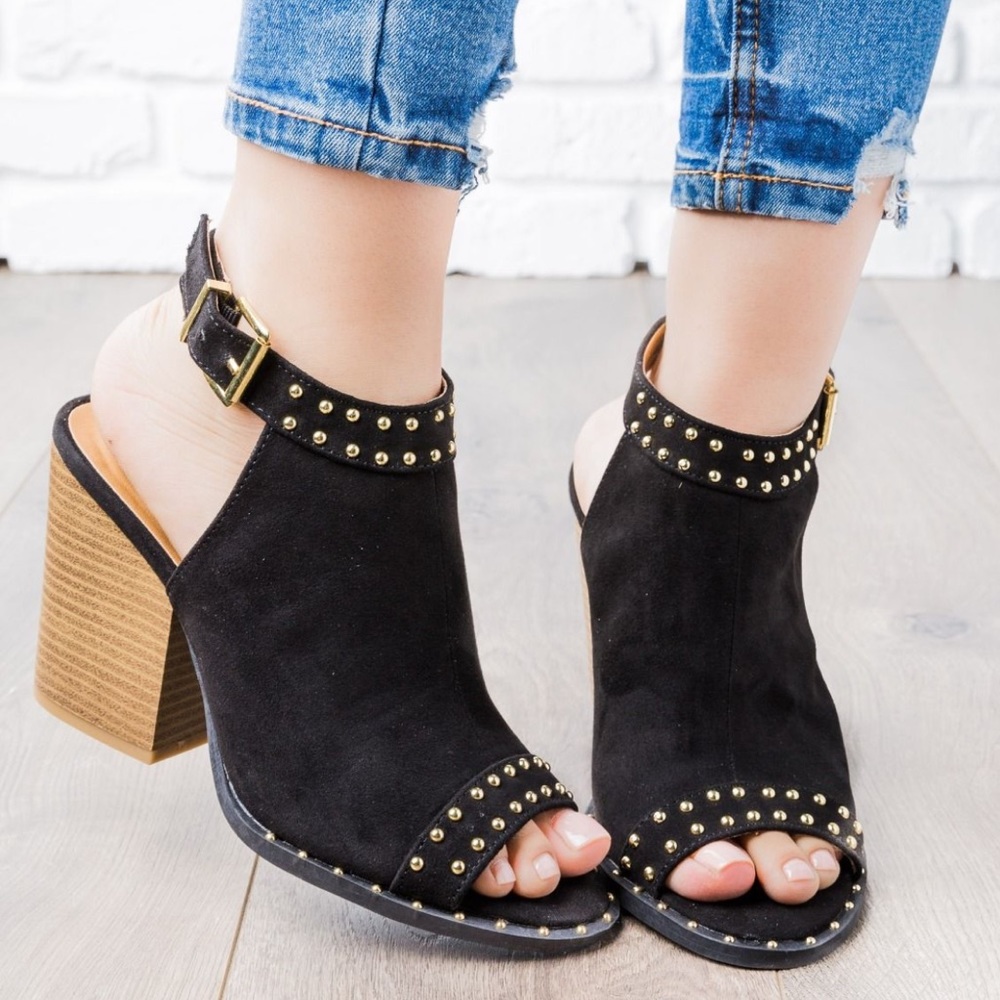 Gold Studded Black Slingback Peep Toe Block Heels - Picture 4 of 10